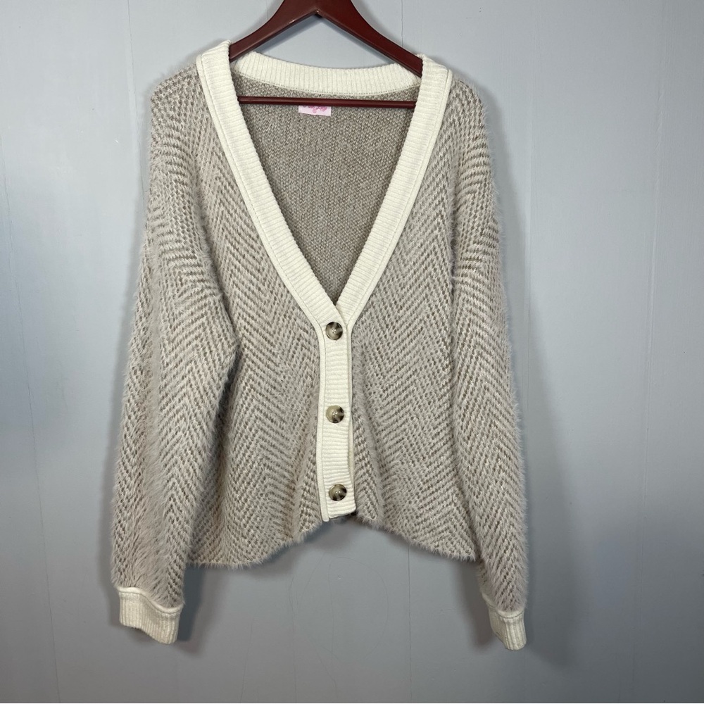 Herringbone Knit Cardigan XL Button Front Cozy Neutral Sweater Grandpa Oversized